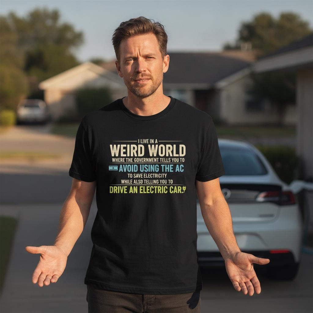 Weird World AC vs Electric Car Shirt | Sarcastic Political Humor Tee