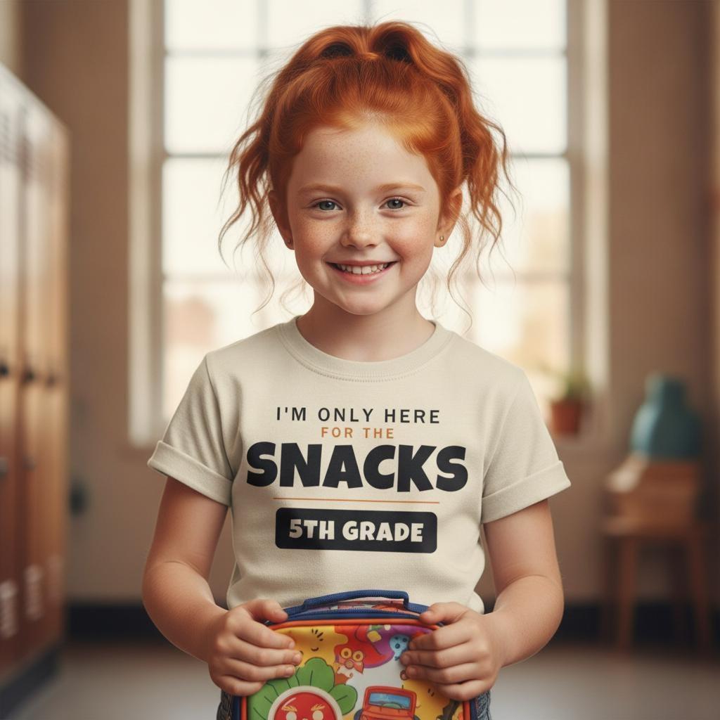 I'm Only Here For The Snacks 5th Grade Shirt | Funny Back to School Tee | First Day of School Kids Gift | Youth Humor T-Shirt