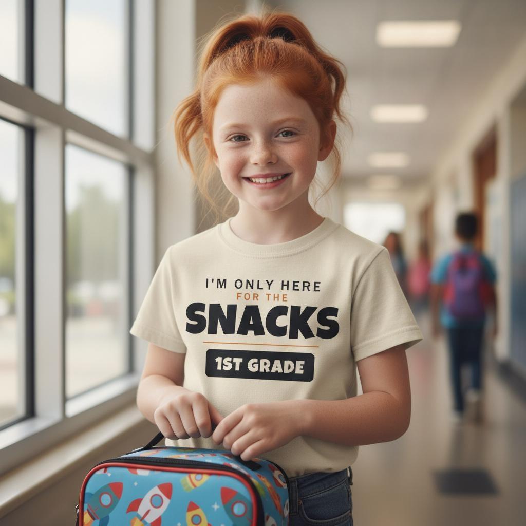 I'm Only Here For The Snacks 1st Grade Shirt | Funny Back to School Tee | First Day of School Kids Gift | Youth Humor T-Shirt