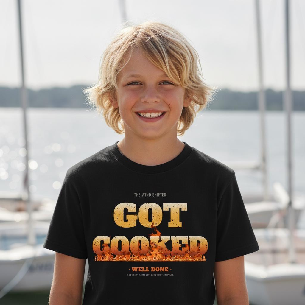 Funny Kids Sailing Shirt | Wind Shifted Got Cooked | Junior Sailor Regatta Humor Youth Tee | Optimist Dinghy