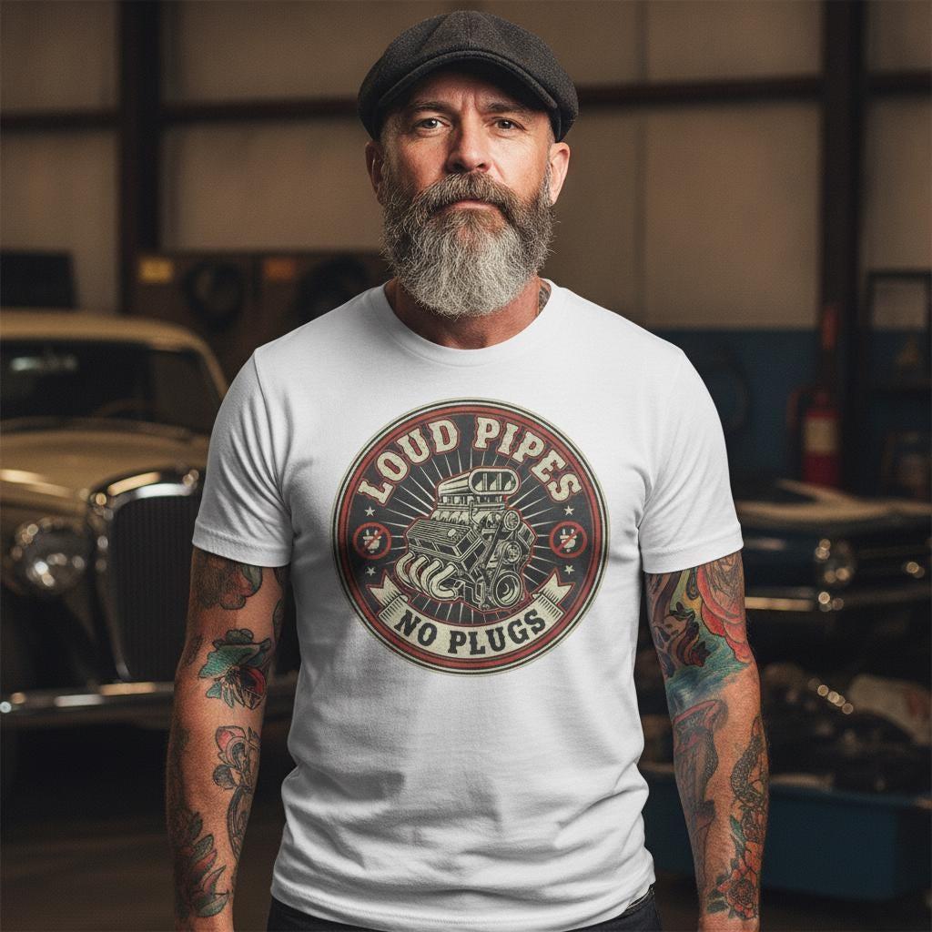 V8 Engine Loud Pipes No Plugs T-Shirt | Vintage Motor Club Graphic Tee