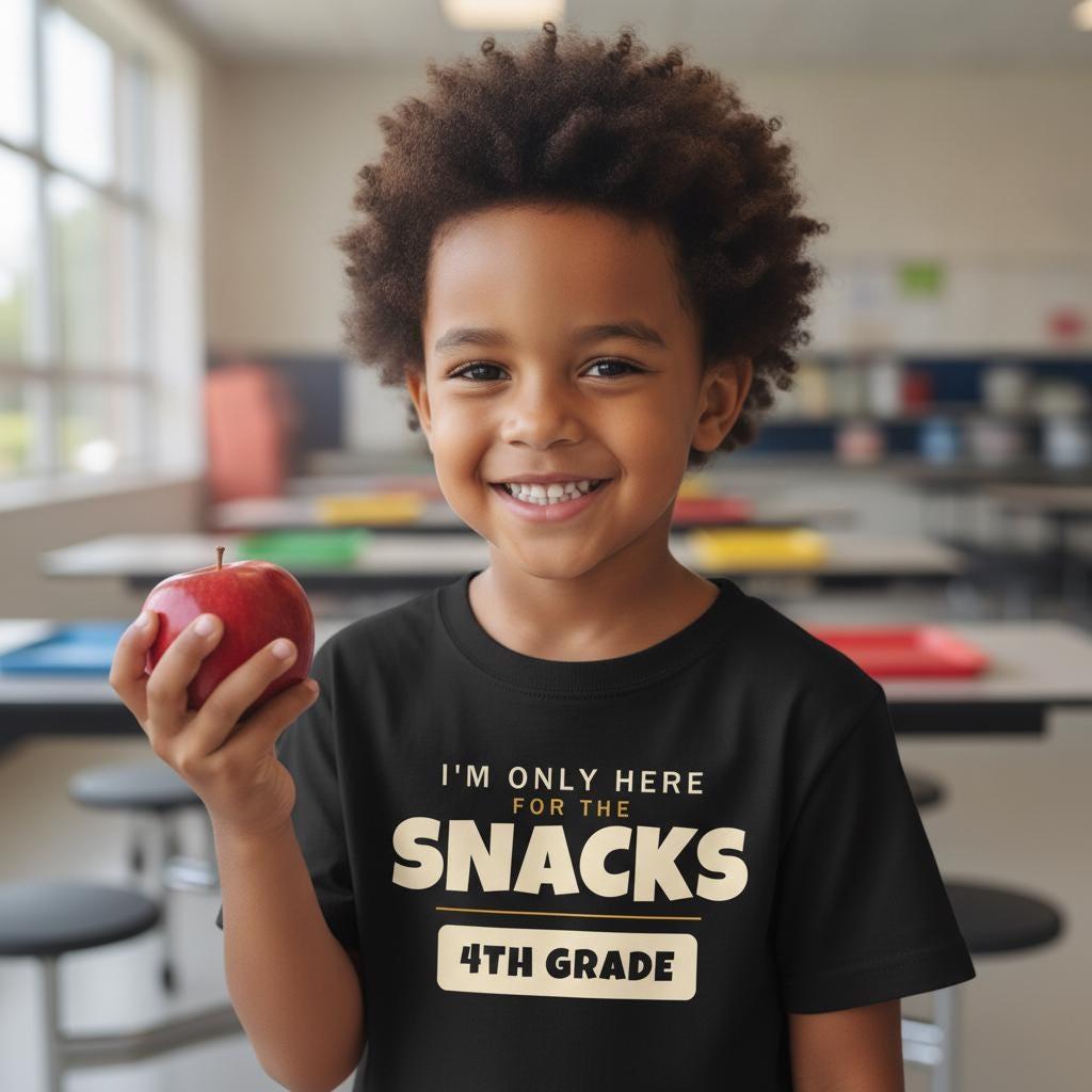 I'm Only Here For The Snacks 4th Grade Shirt | Funny Back to School Tee | First Day of School Kids Gift | Youth Humor T-Shirt