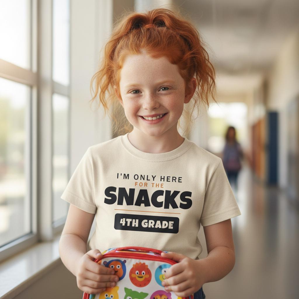 I'm Only Here For The Snacks 4th Grade Shirt | Funny Back to School Tee | First Day of School Kids Gift | Youth Humor T-Shirt