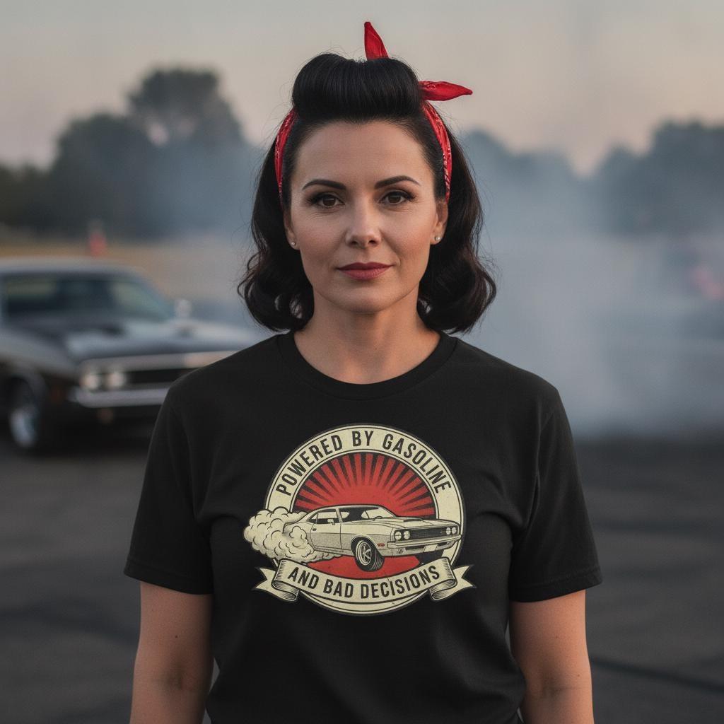 Powered By Gasoline And Bad Decisions T-Shirt | Funny Muscle Car Burnout Tee | Vintage Hot Rod Gearhead Gift | Garment-Dyed Car Shirt