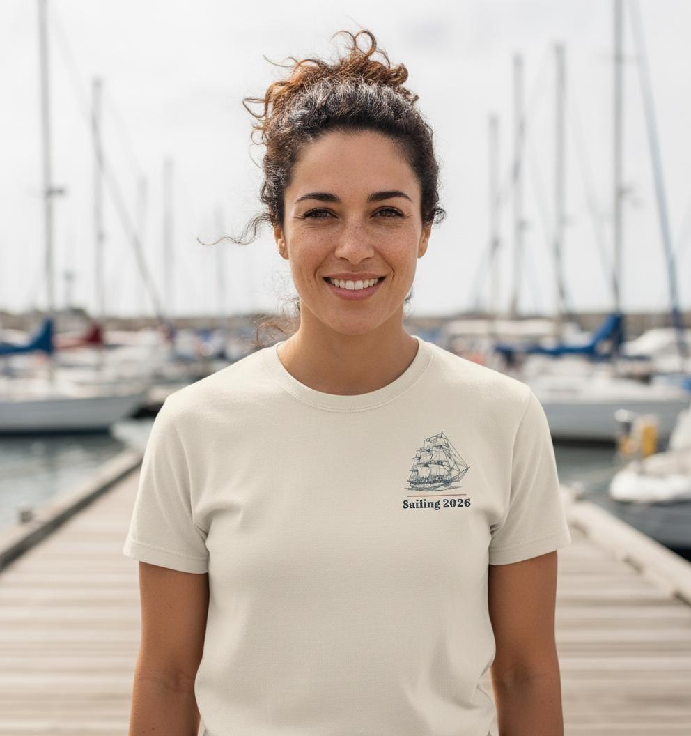 SAILOR Tall Ship Shirt | Vintage Nautical Back Print Tee | Engraved Square Rigger | Sailing 2026 Chest Logo | Garment-Dyed Sailor Gift